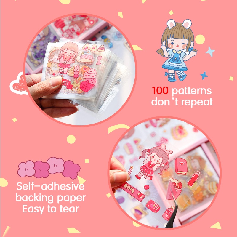 100PCS Stiker Lucu Desain Scrapbook Stiker Alat Tulis Stiker Dekoratif Kawaii / Set Stiker Tahan Air Kartun