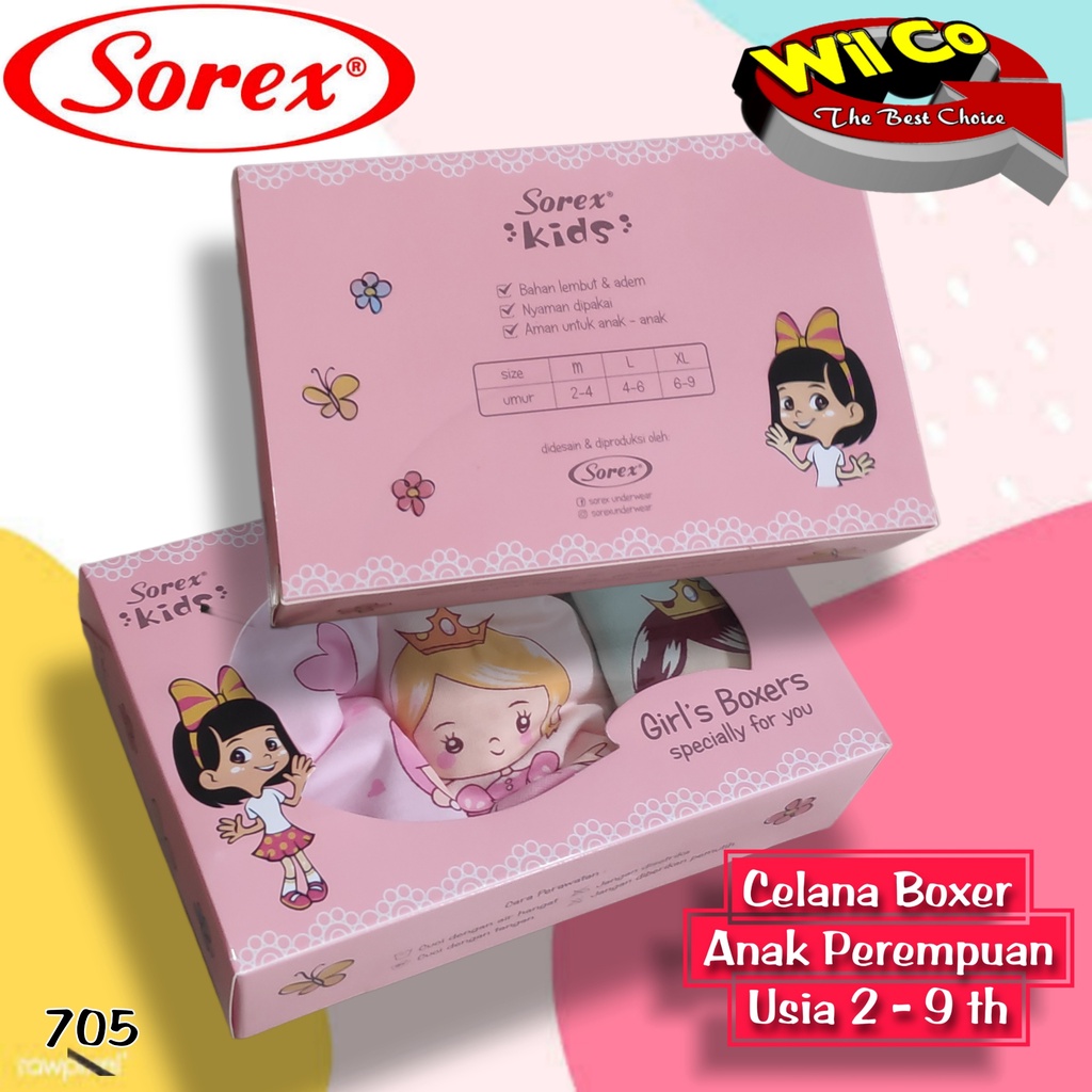 K705T - (HARGA PER 3 PCS) CELANA DALAM BOXER ANAK WANITA SOREX SIZE M - L - XL