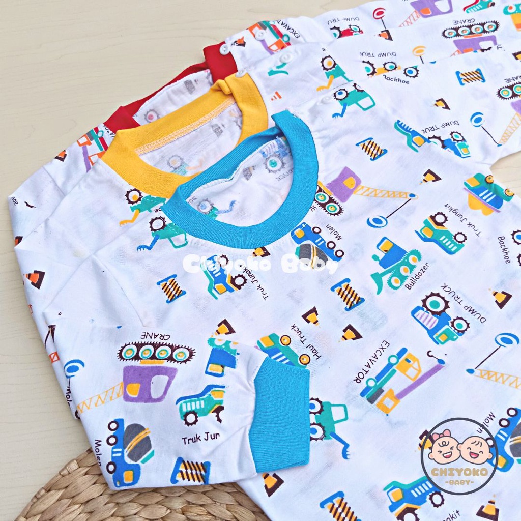 Setelan Baju Bayi Setelan Piyama Bayi Lengan Panjang Kancing Pundak Usia 3-12 Bulan Motif Big Excavator Bulldozer Truck