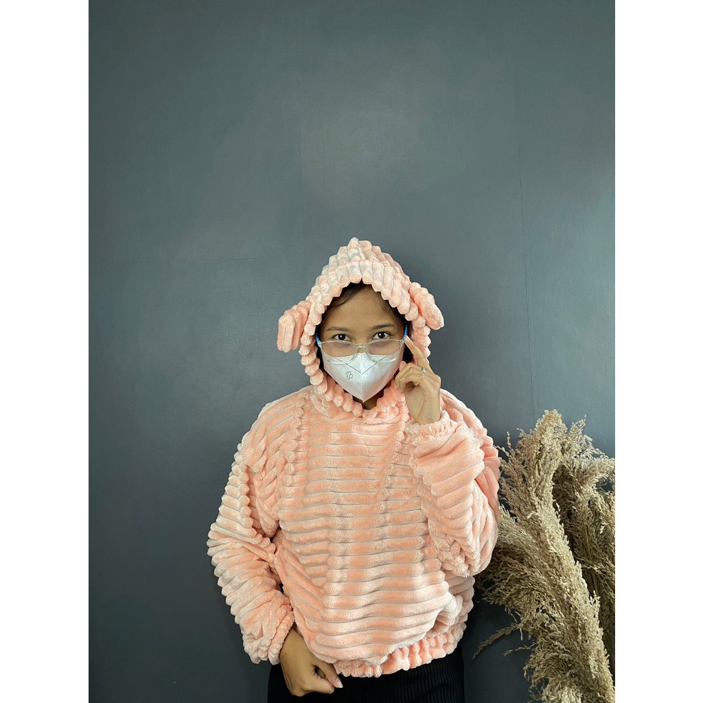 Sweater Crop Sherpa Garis Telinga Beruang Cute Bulu Domba Lengan Panjang Hoodie Krop Wanita Terbaru / Sweater Wanita Terbaru