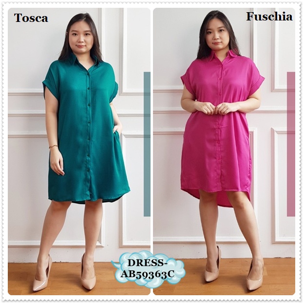 AB59363C Mini Dress Kemeja Lengan Pendek Wanita Korea Import Grey Pink Merah Maroon Pink Fuschia Yel