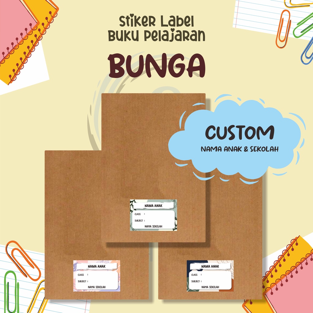 

( 30pcs ) Stiker Label Buku Pelajaran TEMA BUNGA / Stiker Mapel Sekolah / Stiker Custom Nama Anak