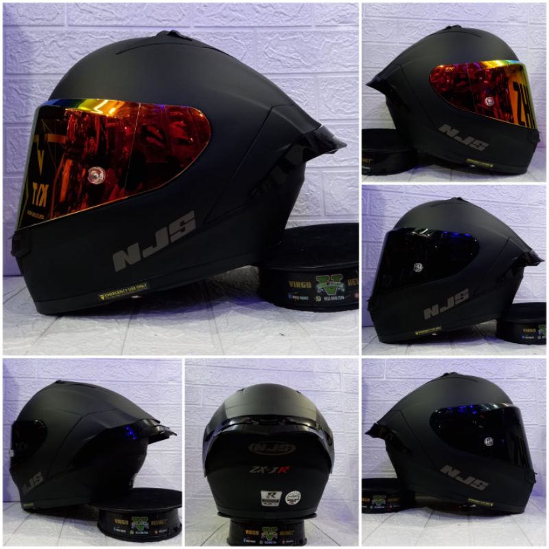 HELM NJS ZX-1R SOLID BLACK DOFT PAKET GANTENG VISOR IRIDIUM + SPOILER