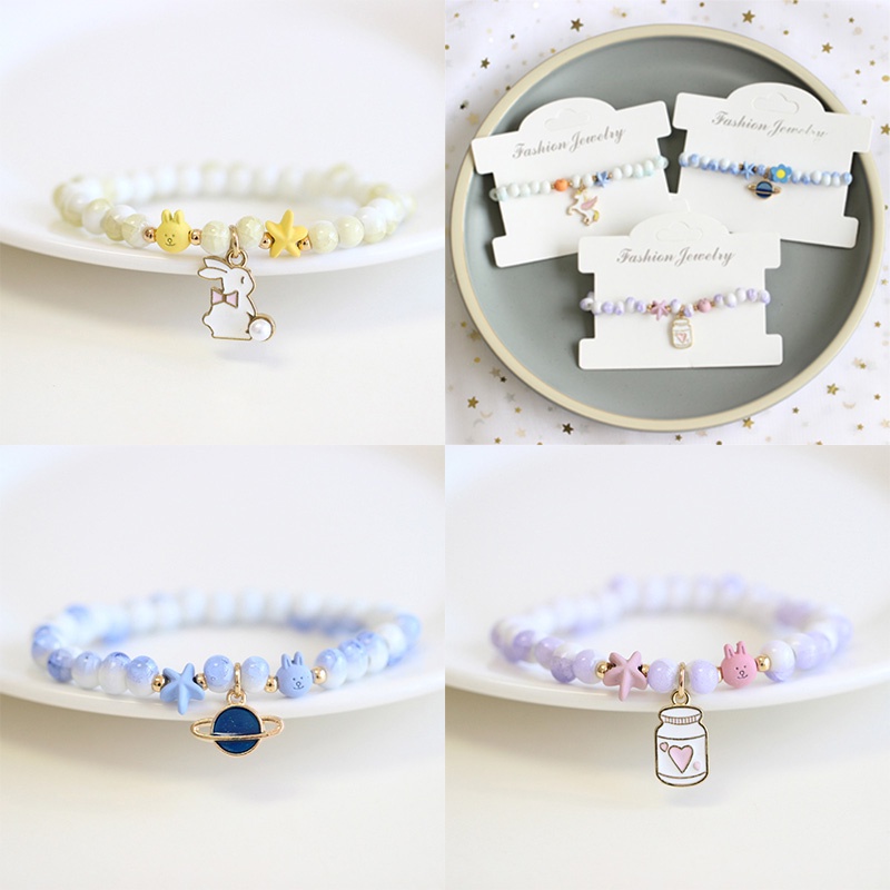 【COD】Gelang Tangan Manik-Manik Keramik Liontin Unicorn / Bintang / Kelinci Untuk Wanita