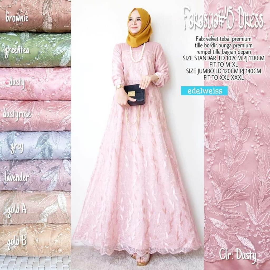 Farasya Dress Muslimah #45 Gamis Brukat Jumbo Gamis Lebaran Terbaru Gaun Pesta Resepsi Seragam Pernikahan Outfit Bridesmaid Broklat Jumbo Wanita xxxl Dress Code Kondangan Warna Rose Gold Greentea Ice Blue Maroon Navy Brown Millo Putih Denim