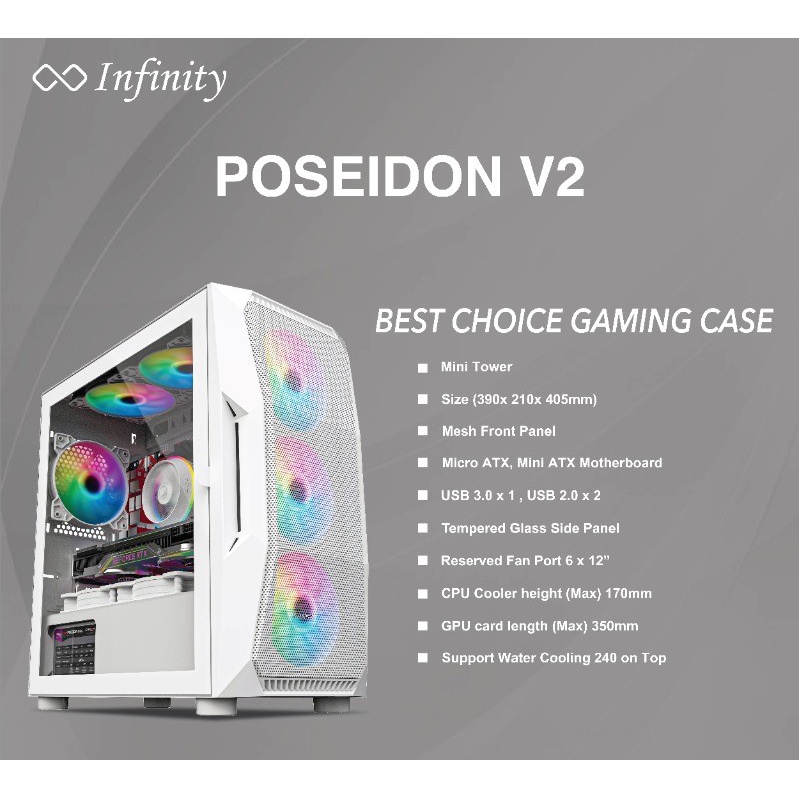 INFINITY POSEIDON V2 White + 3 Fan RGB Micro ATX Casing PC Gaming