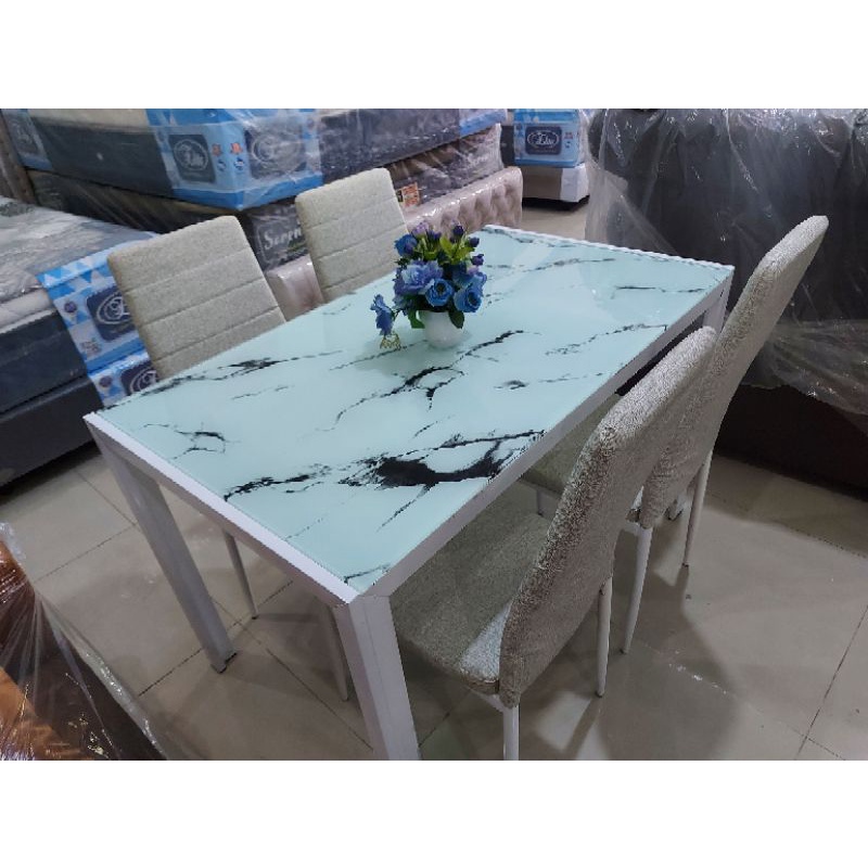 Meja Makan Kaca Besi + 4 Kursi Motif Marmer