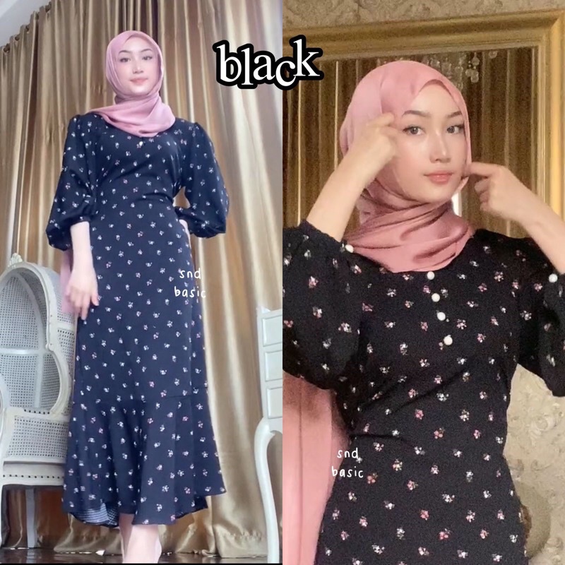 SHAKIRA DRESS | GAMIS MOTIF BUNGA KATUN FLOWER CRINKLE JUBAH ABAYA LEBARAN-black
