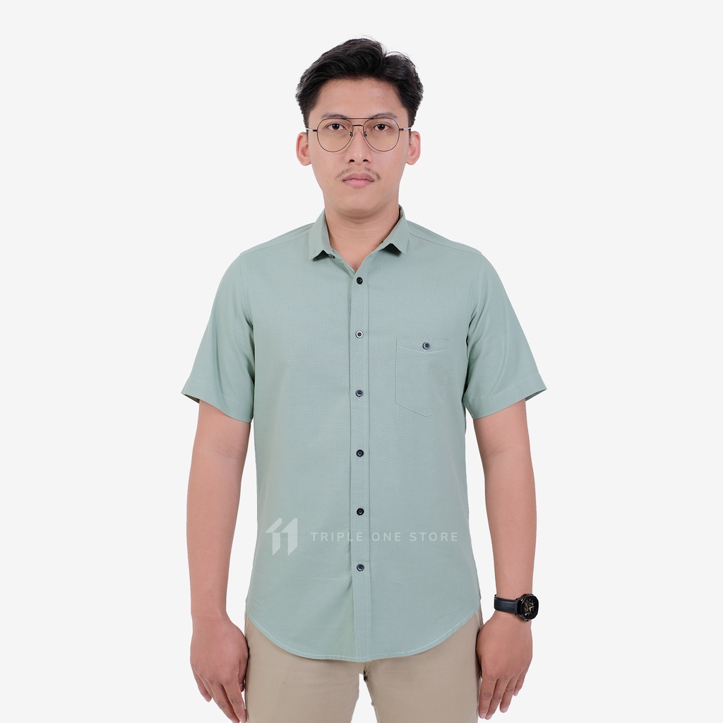 Baju Kemeja Pria Lengan Pendek Warna Sage Green Murah Distro Slim Fit