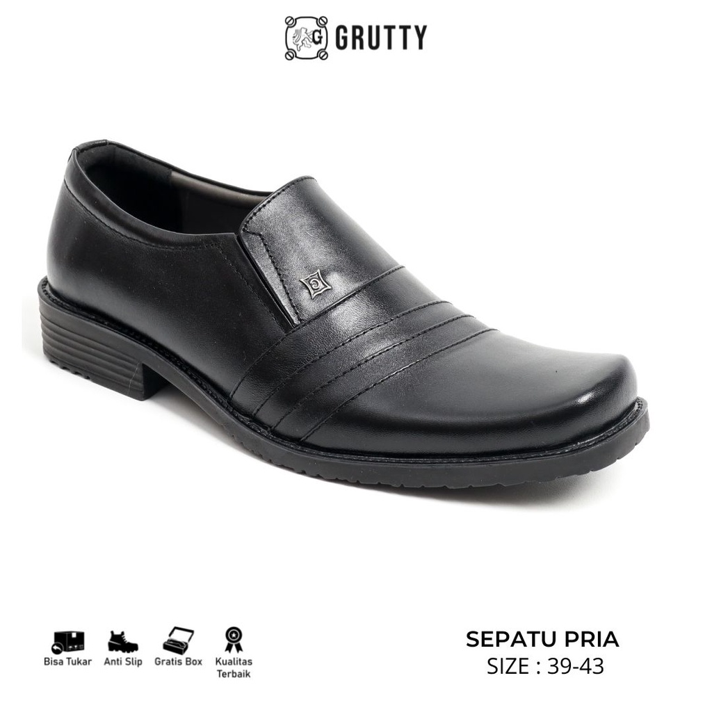 Sepatu Pria Formal Kulit Pantofel Kerja Kantor Model Slip On Grutty DC005 Hitam