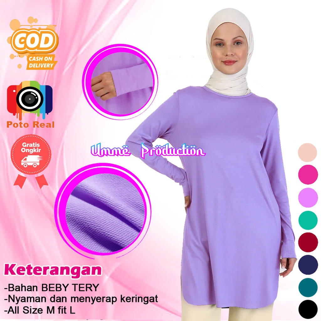 Baju tunik muslim wanita polos atasan babyterry ungu soft kaos tunic muslimah fashion terbaru cewek 
