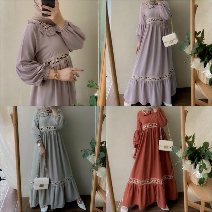 Baju Gamis Dress Ibu Emak Bordir Warna Bata Coral Abu Ungu Lilac Cantik Lucu Mewah Kekinian M L XL L