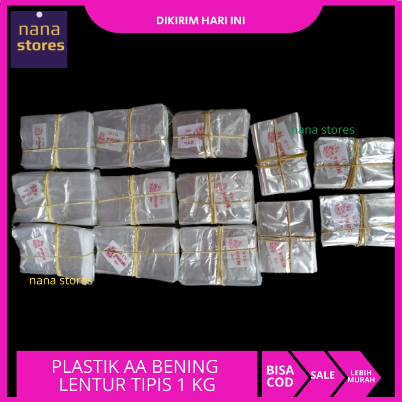 Plastik AA bening tipis berat 1 kg ukuran 10x20,10x25,11x25,11x30,12x25,13x35,14x30,15x30,16x35,17x3