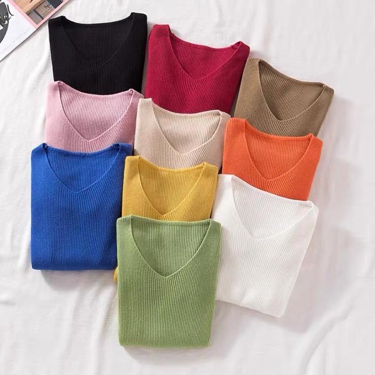 HOT SALE ATASAN RAJUT WANITA (V neck)Baju Rajut Wanita Kaos Import Wanita Lengan Panjang