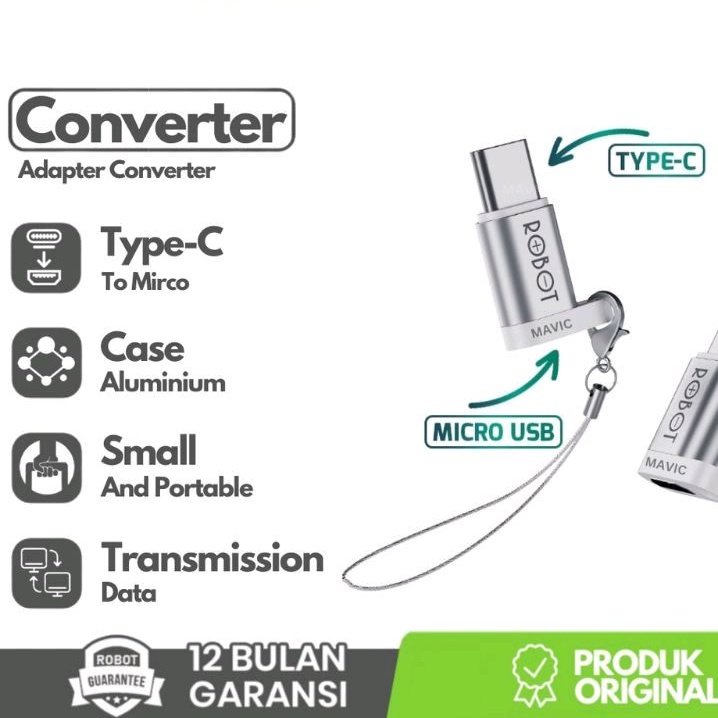 OTG ROBOT RT OTG02 TYPE C TO MICRO M USB SMALL PORTABLE CONVERTER ADAPTER ALUMINIUM CASE ORI ORIGINAL BARU GARANSI RESMI