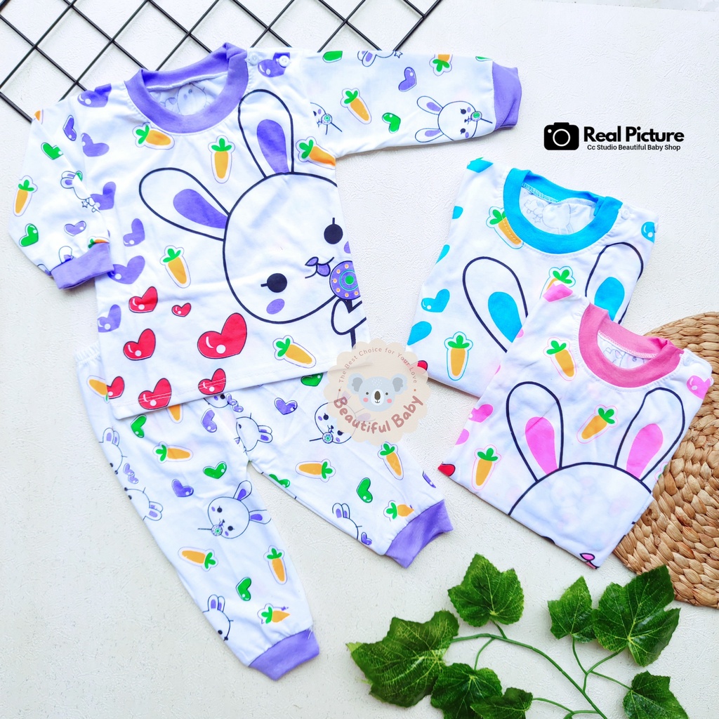 Baby.ou - Setelan Piyama Baju Bayi Perempuan Usia 3-10 Bulan Lengan Pendek Celana Panjang Motif Bunny / Baju Tidur Bayi