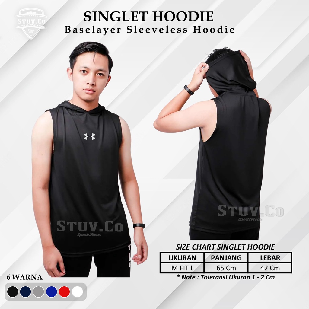 Manset Hoodie Pria Sleeveless Baselayer Singlet Kupluk Olahraga Gym Fitness Futsal Jogging