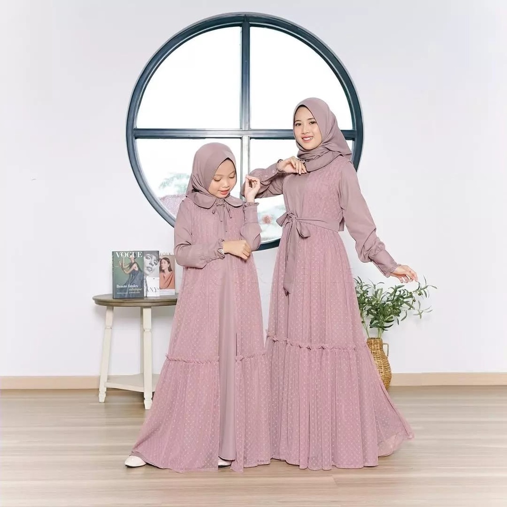 GAMIS SARIMBIT TERBARU 2023 YUMNA COUPLE MOM &amp; KIDS usia 10 - 12th Gamis Muslim Wanita CP Lebaran Matt Shakila mix Tile dot Fashion Terlaris