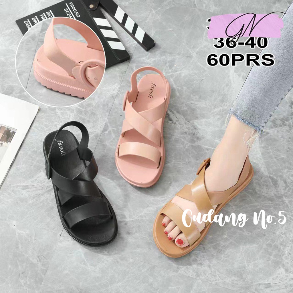 GN-3613-F Sandal Jelly Tali Gesper Silang Ban 2 Wanita Import Favoli PCU