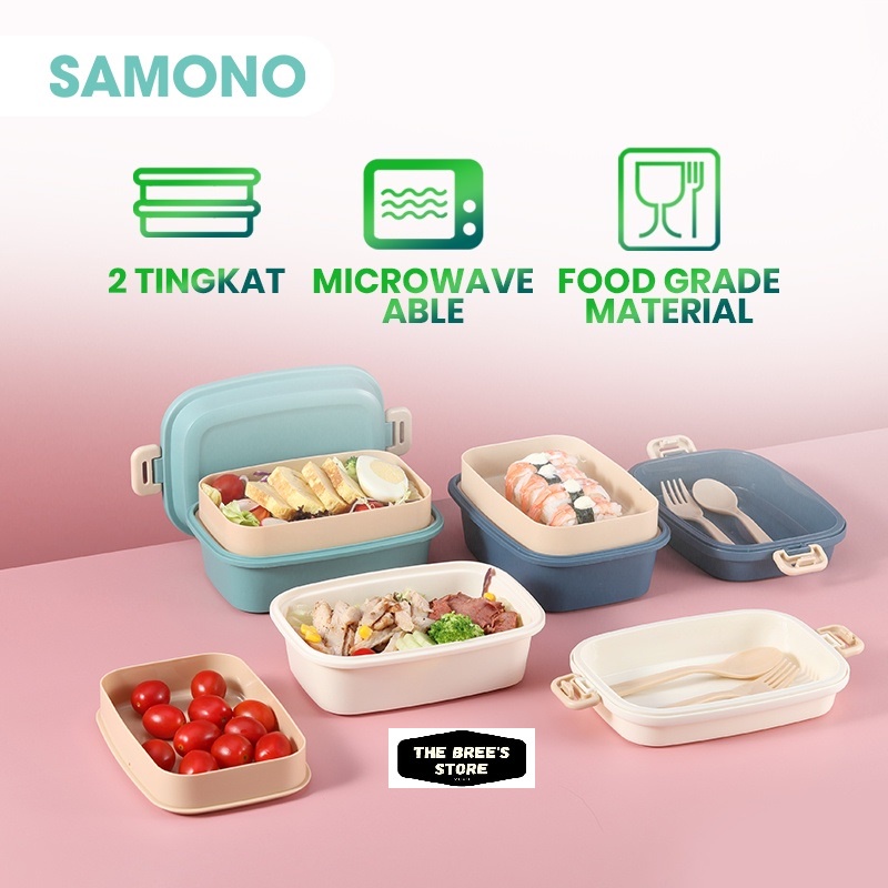Kotak Makan 2 Tingkat Lunch Box Susun Microwaveable Food Grade Material Plastik dengan Alat Makan STW10 SAMONO