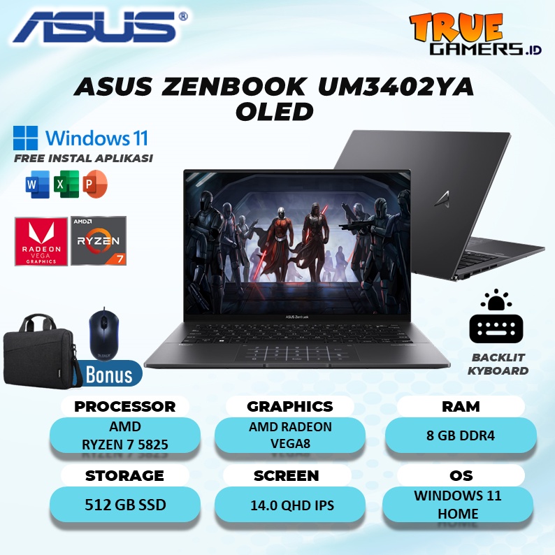 LAPTOP ASUS ZENBOOK UM3402YA OLED RYZEN 7 5825 8GB 512SSD VEGA8 W11 14.0QHD IPS