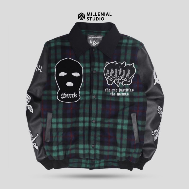 VARSITY JACKET CRIMINAL GREEN | JAKET BASEBALL KERAH FLANNEL BORDIR ORIGINAL SOUTHERNTRACK | MILLENI