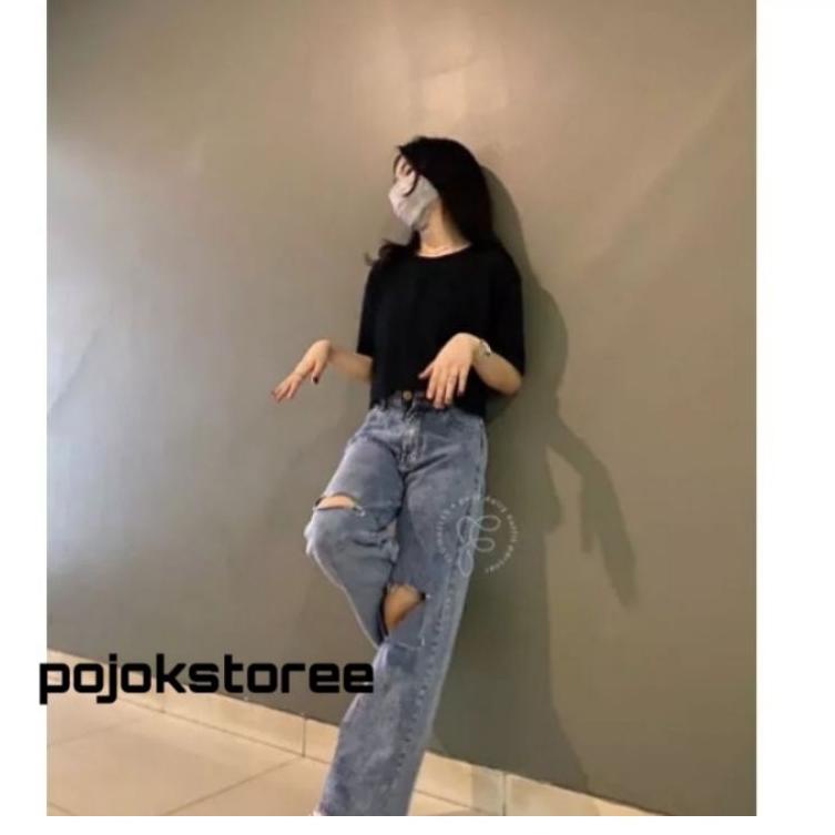 SIAP KIRIM HIGHWAIST KULOT JEANS SOBEK LUTUT LOOSE WANITA SNOW JEANS DENIM CELANA KULOT SOBEK BOYFRI