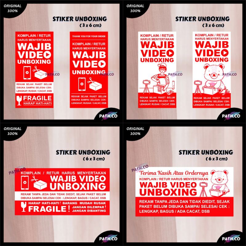 Sticker Online Shop Wajib Rekam Video Unboxing Fragile Ukuran 3cm x 6cm ( 3 x 6 cm ) Bisa Custom