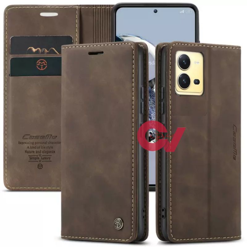 CASEME VIVO V25 / VIVO V25E Soft Slim Folio Flip PU Leather Wallet Case Cover with 2 Cards Slot