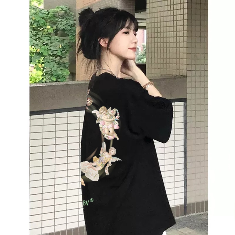 100% Katun Kaos Vintage Hitam Atasan Wanita Lengan Pendek Oversize Printed T-shirt Baju Wanita Kekinian Korean Style