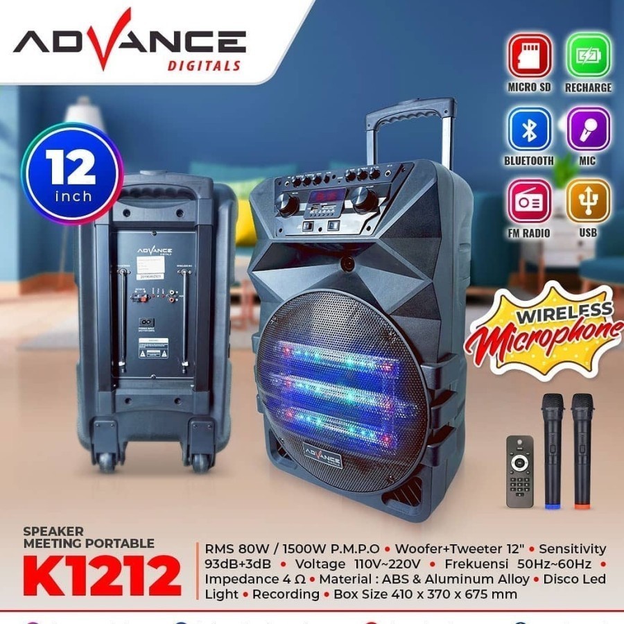 Speaker Portable ADVANCE k1212 Bluetooth 12 inch Mic Wireless 1212