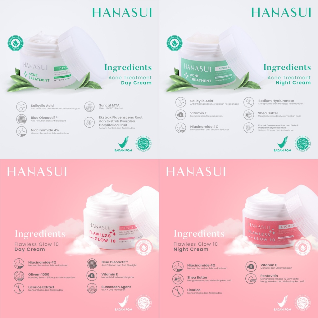 Hanasui Flawless Glow 10 | Acne Treatment Gentle Cleanser Essence Toner Day Night Cream Spot Gel Perawatan Kulit Wajah BPOM