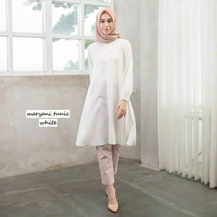 Jubah Wanita Muslimah tunik putih wanita lengan panjang / Maryani Tunik - Putih, S F9O5