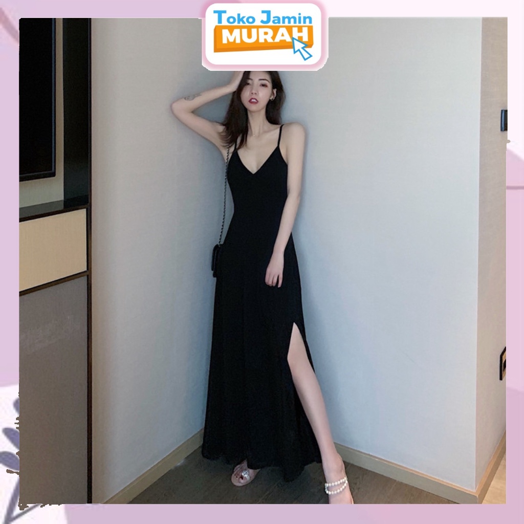 TJM BJ358 Baju Long Dress V Neck Wanita Belah Samping Shoulder Korean Fashion