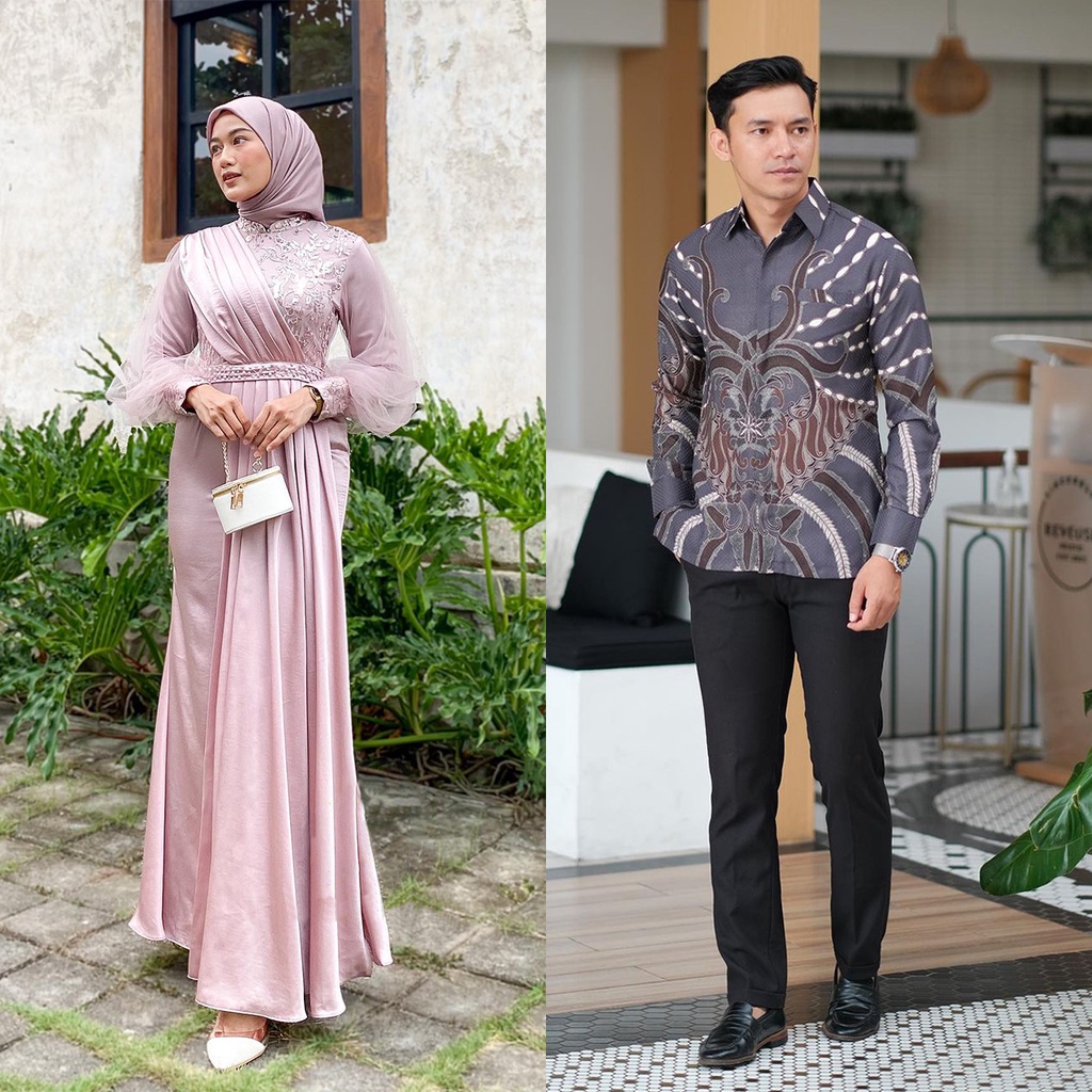 COUPLE GAMIS LEBARAN MELODY ROSE SERIES - Couple Batik Gamis Brukat Tile Halus Mix Mutiara Payet - Maxi Dress Kondangan Kekinian - Gamis Wanita Remaja Dewasa Modern 2023