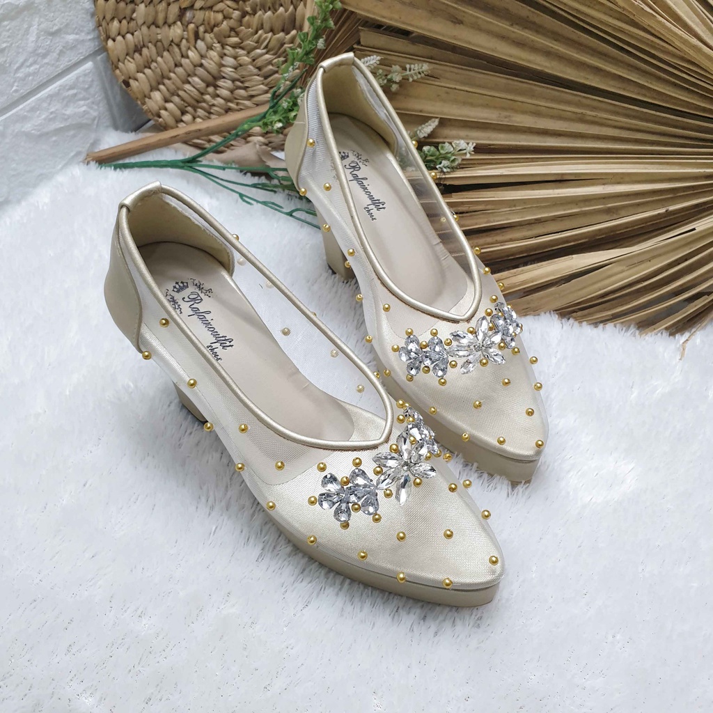 Sepatu wedding pesta Cantik mingka gold 9cm tahu