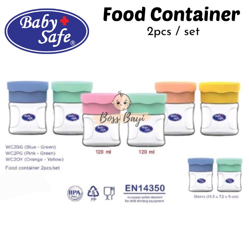 BABY SAFE - Food Container set isi 2pc 120ml / Wadah Penyimpanan Snack, Susu Bubuk | WC2BG | WC2OY | WC2PG