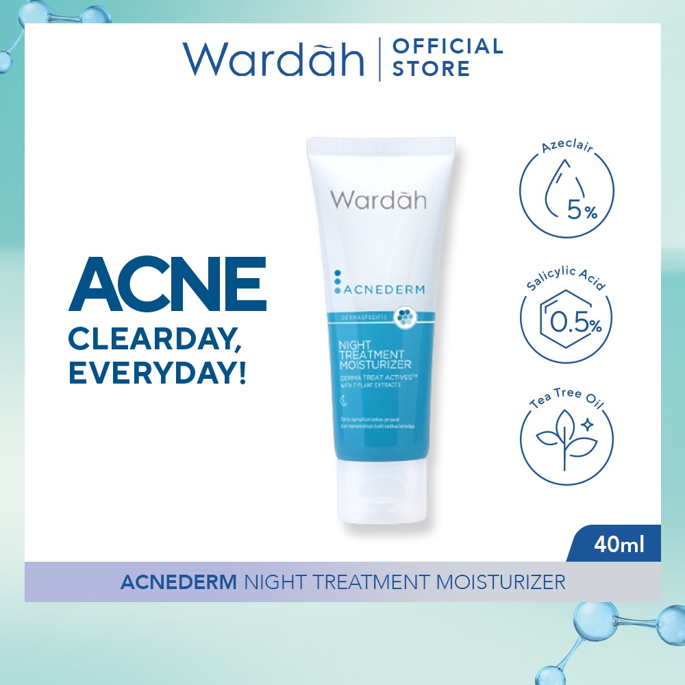 WARDAH Acnederm Night Treatment Moisturizer Indonesia / Pelembab Wajah 40ml / Derma Treat Actives With 7 Plant Extracts / Samarkan Bekas Jerawat Mencerahkan Kulit Terlelap / Skincare Face Care Series / Foaming Cleanser Toner Serum Day Acne Spot Gel Powder