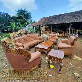 Sofa Tamu Ukiran Mewah Bahan Kayu Jati TPK Perhutani Jok Asli Kulit