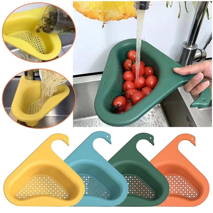 HC Rak Tirisan Sudut Wastafel Segitiga Bentuk Angsa / Wadah Saringan Pembuangan Sisa Makanan / Tempat Penyimpanan Pengering Spons Sikat Buah Sayur / Gantungan Keran Washtafel Keranjang Swan Sink Drain Basket