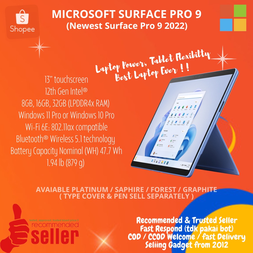 Microsoft Surface Pro 9 Intel EVO 12th Gen i5 i7 128GB 256GB 512GB 1TB RAM 8GB 16GB 32GB