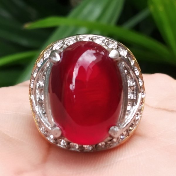 Batu Akik Cincin Titanium Mulia Permata Merah Delima Size Kantoran 3s50