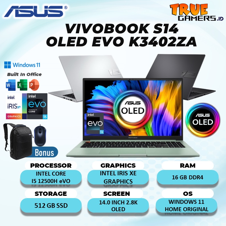 LAPTOP ASUS VIVOBOOK S14 OLED EVO K3402ZA INTEL CORE I5 12500H 16GB 512SSD IRISXE WIN11+OHS 14.0 2.8K OLED