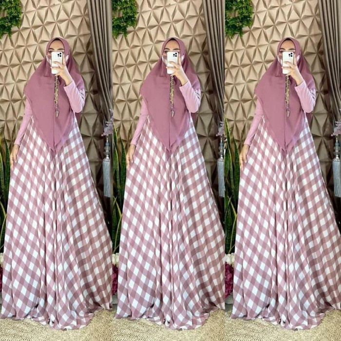 Gamis Wanita Muslim Terbaru Polka Syari Set Khimar Maxi Dress Ceruti - vhia dusty G6T6
