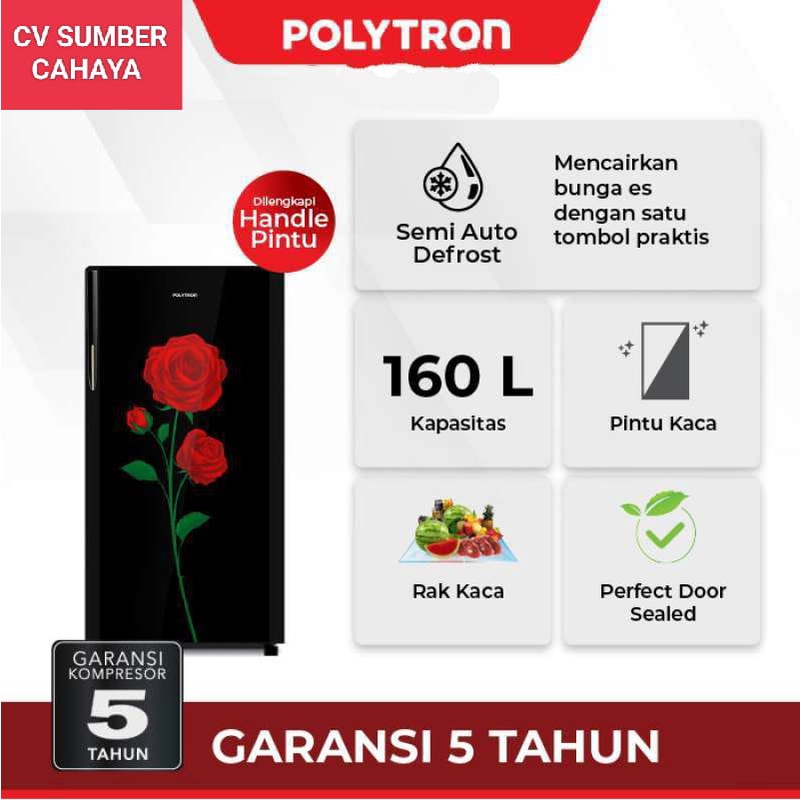 Polytron Kulkas 1 Pintu 160L Belleza Tempered Glass PRA 16DRX PRA16DRX