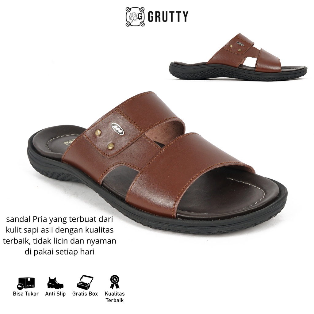 GRUTTY Sandal Pria Sendal Slide Kulit Asli Coklat 232