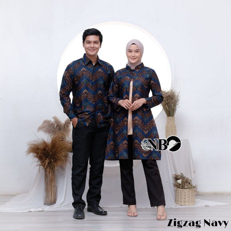 Couple Batik Zigzag Navy Tunik Modern Kombinasi Bolero Kemeja Batik Modern