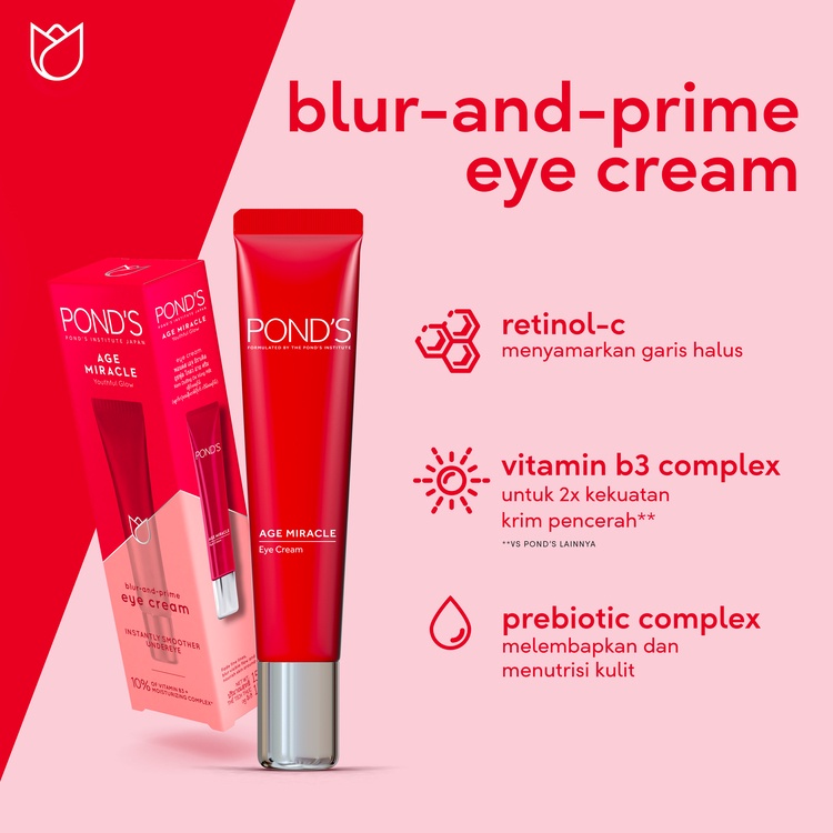 PONDS AGE MIRACLE EYE CREAM [ 15 ML ] ANTI AGING + GLOWING WITH RETINOL NIACINAMIDE &amp; PREBIOTIC YOUTHFUL GLOW INSTANTLY SMOOTHER UNDEREYE BLUR AND PRIME KANTUNG MATA POND'S