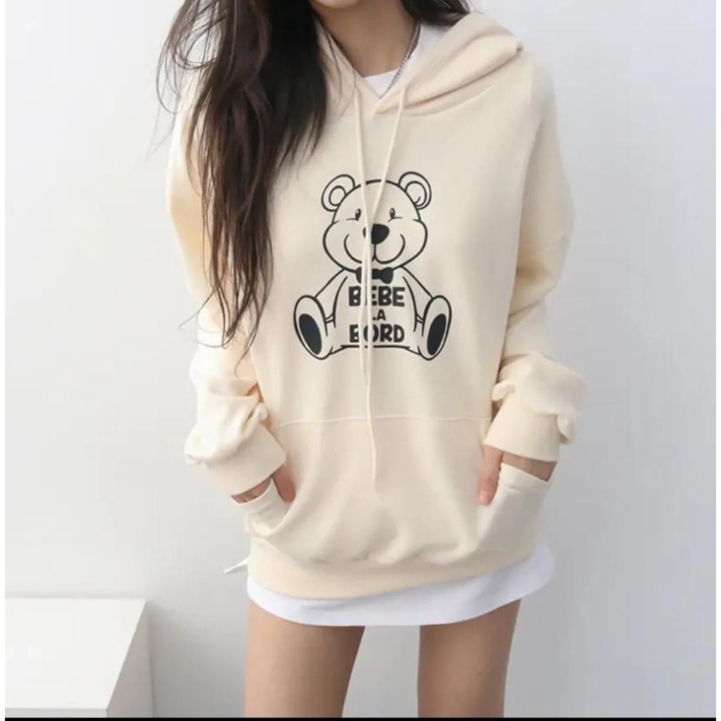 HOODIE OVERSIZE BEBE LA BORD SWEATER HOODIE WANITA KOREA ONE SIZE FIT XL / SWEATER WANITA TEBAL