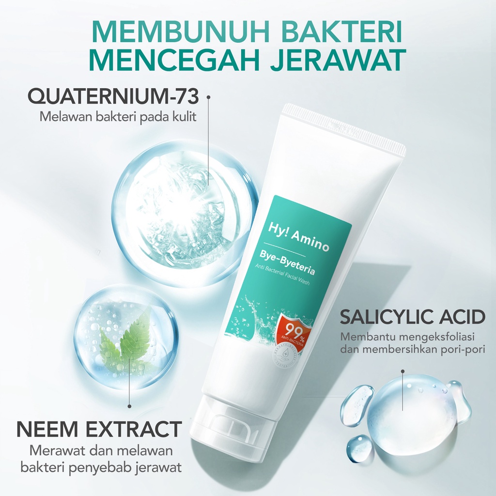 YOU Hy! Amino Bye-Byeteria Anti Bacterial Facial Wash Indonesia / Pembersih Wajah 100g / 99% Anti Bacteria Bakteri / Skincare Face Cleanser Cleansing Sabun / Brightening Anti Acne Hydrating Oil Control / Toner Serum Cream Mask Sunscreen Y.O.U Series Paket